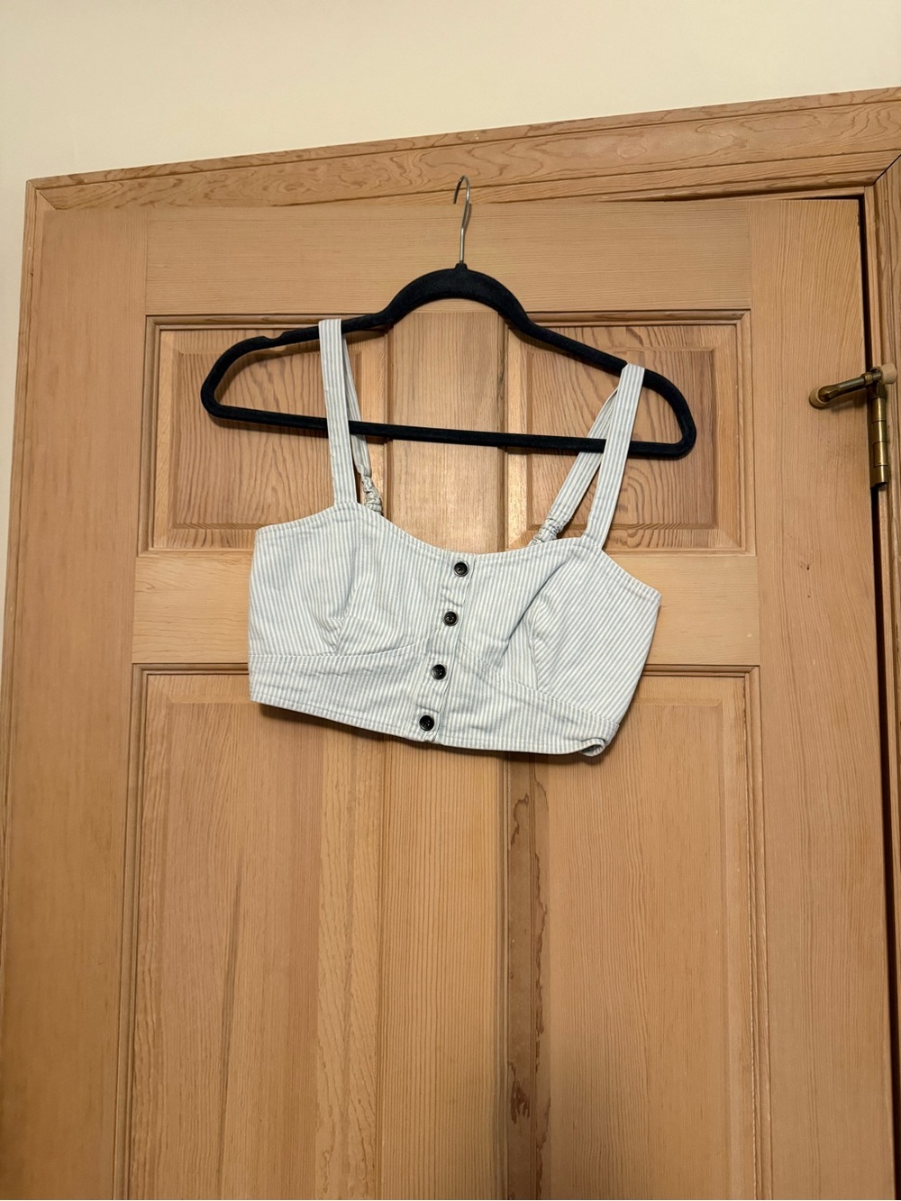 Nollie Light Blue & White Striped Button Crop Top